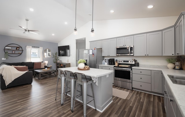 1643 Columbia Ave, Rolla, MO 65401 - kitchen with stainless steel appliances, gray cabinets, open floor plan, a breakfast bar area, and high vaulted ceiling