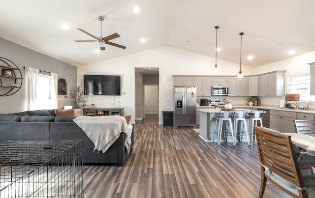 1643 Columbia Ave, Rolla, MO 65401 - living area featuring healthy amount of natural light, a ceiling fan, dark wood-style floors, high vaulted ceiling, and recessed lighting