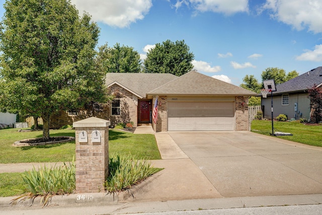 3605 N 30th St, Ozark, MO 65721 - ranch-style home with brick siding, a front lawn, a garage, driveway, and a shingled roof
