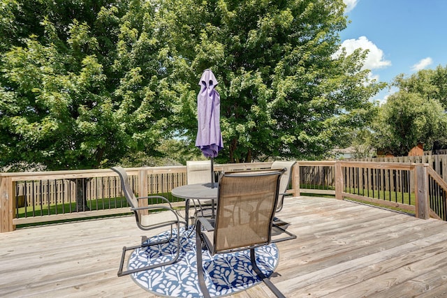 3605 N 30th St, Ozark, MO 65721 - wooden terrace with outdoor dining area and a fenced backyard