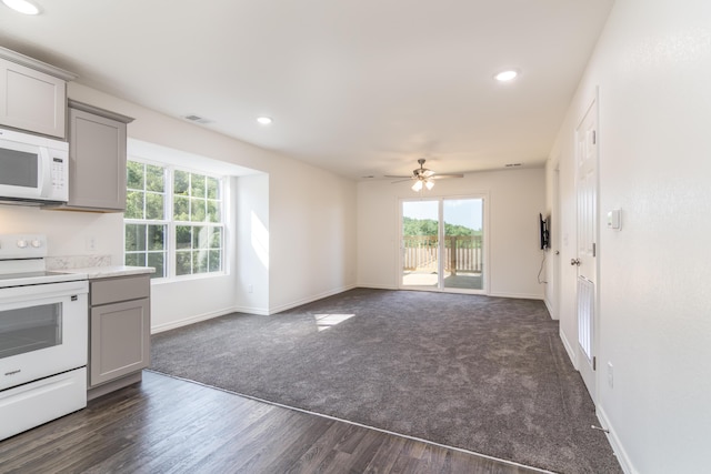37 Lantern Bay Ln Unit 3, Branson, MO 65616 - kitchen featuring white appliances, gray cabinetry, dark carpet, a ceiling fan, and recessed lighting