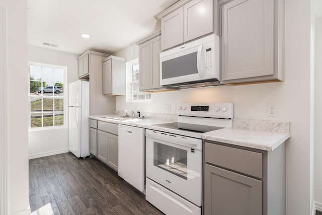 37 Lantern Bay Ln Unit 3, Branson, MO 65616 - kitchen with white appliances, gray cabinets, dark wood-style floors, light countertops, and recessed lighting