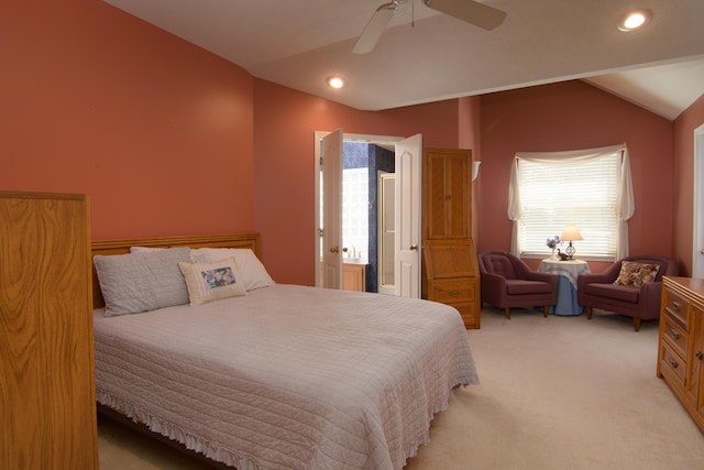 618 Parnell Cir, Branson, MO 65616 - bedroom featuring lofted ceiling, light carpet, recessed lighting, a ceiling fan, and ensuite bath