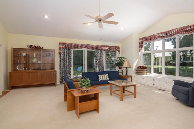 618 Parnell Cir, Branson, MO 65616 - carpeted living area with vaulted ceiling, a ceiling fan, and recessed lighting