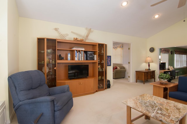618 Parnell Cir, Branson, MO 65616 - living area featuring a ceiling fan, lofted ceiling, light colored carpet, and recessed lighting