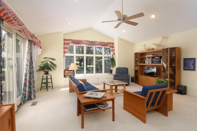618 Parnell Cir, Branson, MO 65616 - carpeted living area featuring lofted ceiling, a ceiling fan, and recessed lighting