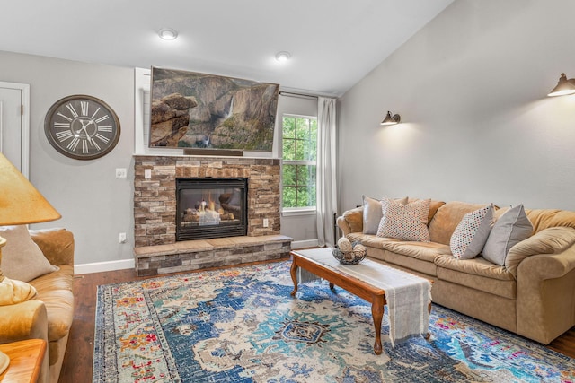 277 Country Bluff Dr, Branson, MO 65616 - living room featuring wood finished floors, a fireplace, and lofted ceiling