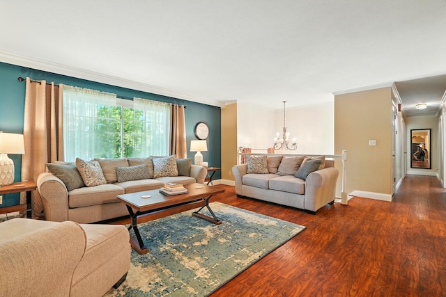 107 Oakwood Dr, Branson, MO 65616 - living room with crown molding, a chandelier, and dark wood finished floors