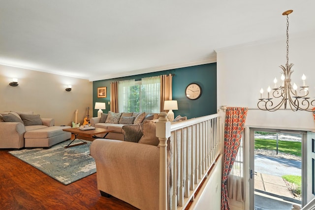 107 Oakwood Dr, Branson, MO 65616 - living room with crown molding, a chandelier, and wood finished floors