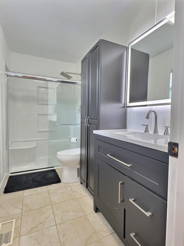 18189 2nd St, Eminence, MO 65466 - full bathroom with a shower with door, vanity, and tile patterned flooring
