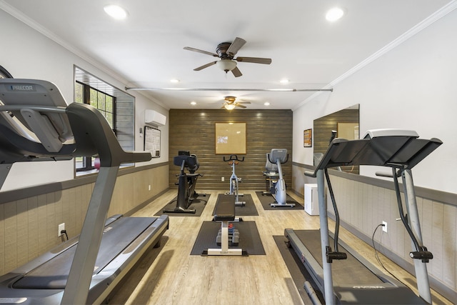 7815 Cozy Cove Rd Unit 3-15, Branson, MO 65616 - workout room featuring ceiling fan, light wood-type flooring, wooden walls, recessed lighting, and ornamental molding