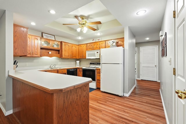 7815 Cozy Cove Rd Unit 3-15, Branson, MO 65616 - kitchen featuring white appliances, a tray ceiling, a peninsula, light wood-type flooring, and ceiling fan