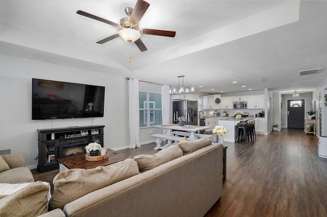504 Gauge St, Willard, MO 65781 - living room with ceiling fan, a fireplace, dark wood-type flooring, and recessed lighting