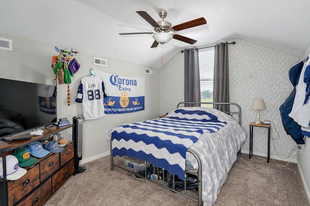 504 Gauge St, Willard, MO 65781 - carpeted bedroom featuring lofted ceiling, a ceiling fan, and wallpapered walls