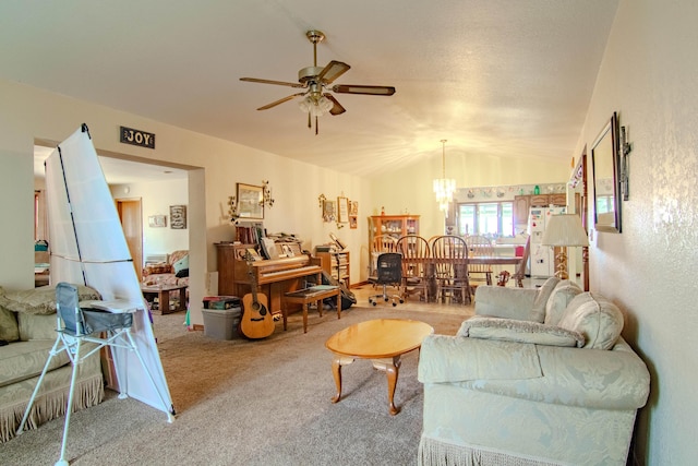 1746 Wall Rd, Mountain Grove, MO 65711 - living room with ceiling fan, lofted ceiling, carpet flooring, and a chandelier