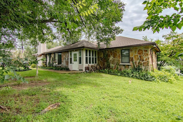 1746 Wall Rd, Mountain Grove, MO 65711 - ranch-style house featuring stone siding, a front lawn, a chimney, and a shingled roof