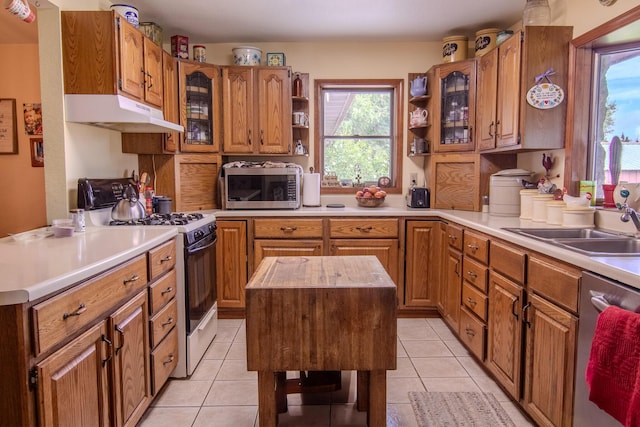 1746 Wall Rd, Mountain Grove, MO 65711 - kitchen with appliances with stainless steel finishes, under cabinet range hood, open shelves, brown cabinets, and light countertops
