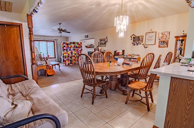 1746 Wall Rd, Mountain Grove, MO 65711 - dining room with light tile patterned floors, ceiling fan, light colored carpet, and a chandelier