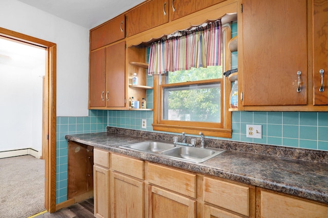 304 N Main St, Lockwood, MO 65682 - kitchen with dark countertops, decorative backsplash, and open shelves