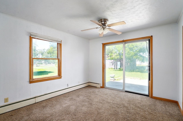 304 N Main St, Lockwood, MO 65682 - carpeted empty room featuring a baseboard radiator, a ceiling fan, and crown molding