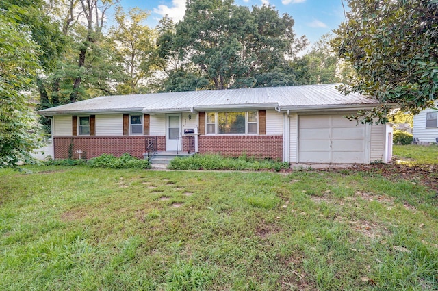 225 S Main St, Greenfield, MO 65661 - ranch-style home featuring brick siding, an attached garage, a front lawn, and a metal roof