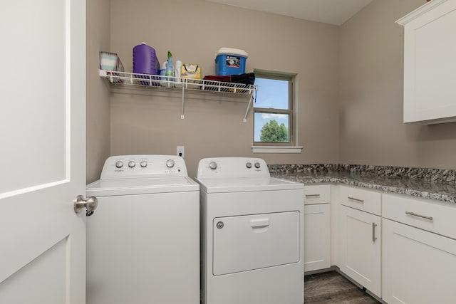 1929 N Brookhollow Dr, Nixa, MO 65714 - laundry area featuring independent washer and dryer, cabinet space, and dark wood-style flooring