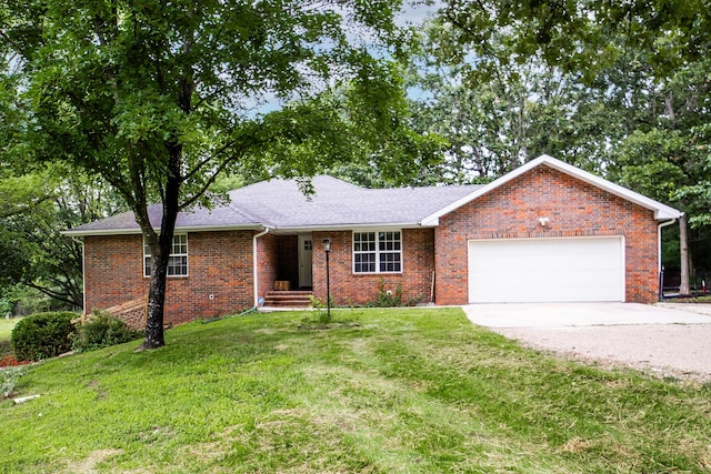 1719 N Pine St, Marshfield, MO 65706 - ranch-style home with concrete driveway, an attached garage, a front yard, brick siding, and roof with shingles