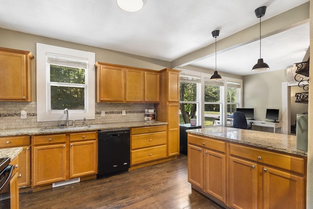 526 S Mccanse St, Mount Vernon, MO 65712 - kitchen with black dishwasher, tasteful backsplash, healthy amount of natural light, dark wood-type flooring, and beamed ceiling