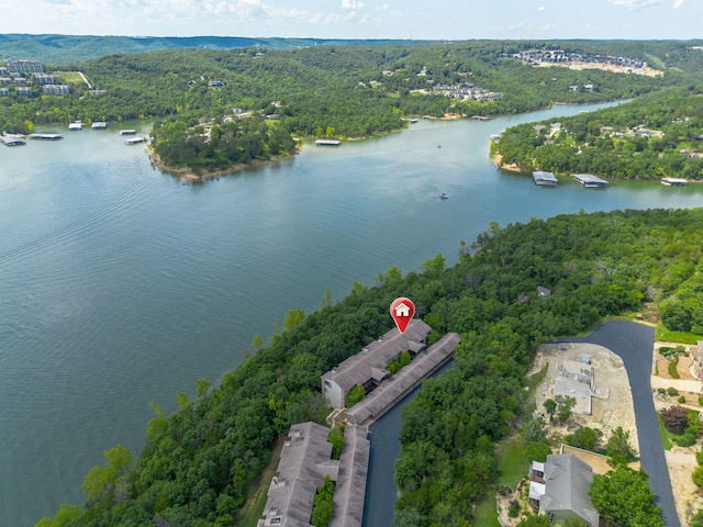 348 Sunset Cv Unit 413, Branson, MO 65616 - aerial view of property and surrounding area featuring a heavily wooded area and a large body of water