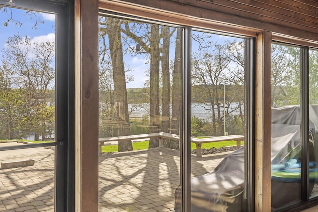 348 Sunset Cv Unit 413, Branson, MO 65616 - doorway with a water view and brick flooring