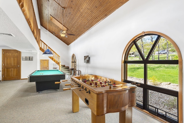 348 Sunset Cv Unit 413, Branson, MO 65616 - game room featuring carpet flooring, pool table, high vaulted ceiling, wood ceiling, and ceiling fan