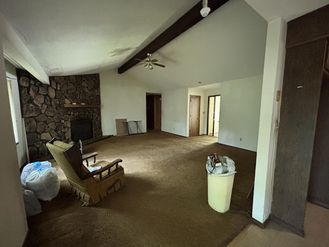1334 E Nora St, Springfield, MO 65803 - living room featuring ceiling fan, carpet, and a fireplace