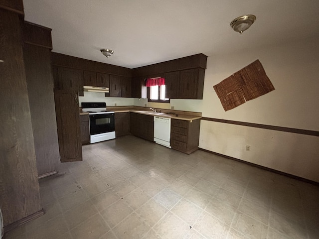 1334 E Nora St, Springfield, MO 65803 - kitchen featuring electric range, dishwasher, under cabinet range hood, light countertops, and dark brown cabinetry
