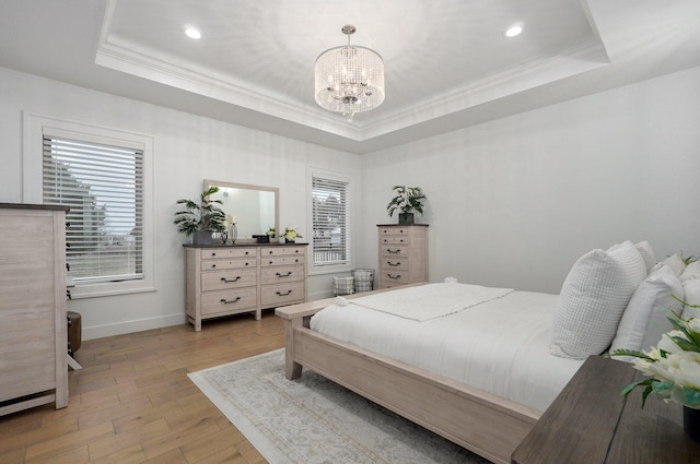 4113 S Farm Rd Unit 223, Rogersville, MO 65742 - bedroom with a tray ceiling, ornamental molding, a chandelier, light wood-style floors, and recessed lighting