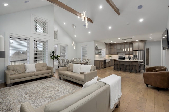 4113 S Farm Rd Unit 223, Rogersville, MO 65742 - living room featuring high vaulted ceiling, beverage cooler, light wood finished floors, recessed lighting, and beam ceiling