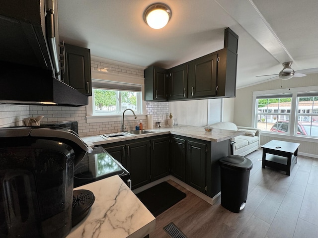 110 Blue-Bird Ln, Branson, MO 65616 - kitchen with exhaust hood, open floor plan, tasteful backsplash, wood finished floors, and a peninsula