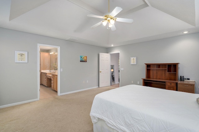 1060 Berkley, Marshfield, MO 65706 - bedroom with light colored carpet, recessed lighting, connected bathroom, vaulted ceiling, and a ceiling fan