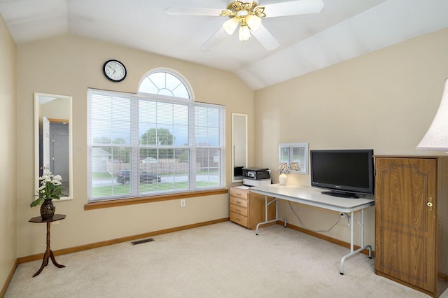 1060 Berkley, Marshfield, MO 65706 - home office featuring vaulted ceiling, light carpet, and a ceiling fan