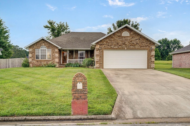 1060 Berkley, Marshfield, MO 65706 - ranch-style home featuring covered porch, brick siding, a garage, concrete driveway, and roof with shingles