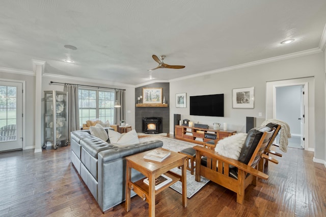 1251 S Rosemoor Dr, Nixa, MO 65714 - living room featuring plenty of natural light, ceiling fan, crown molding, a tile fireplace, and wood-type flooring