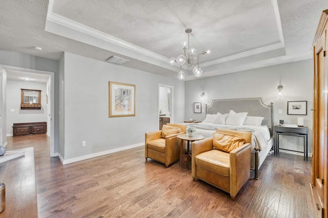 1251 S Rosemoor Dr, Nixa, MO 65714 - bedroom with a raised ceiling, wood-type flooring, a chandelier, and crown molding