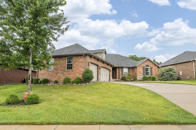 1251 S Rosemoor Dr, Nixa, MO 65714 - view of front of property with driveway, brick siding, a front yard, an attached garage, and a shingled roof