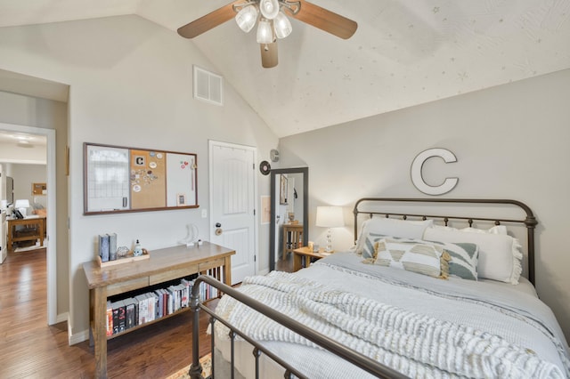 1251 S Rosemoor Dr, Nixa, MO 65714 - bedroom with wood finished floors, ceiling fan, and high vaulted ceiling
