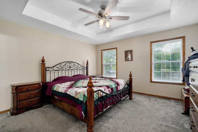 431 S Yellowwood Dr, Springfield, MO 65809 - bedroom featuring a raised ceiling, carpet flooring, multiple windows, and a ceiling fan