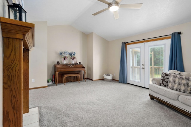 431 S Yellowwood Dr, Springfield, MO 65809 - living area featuring a ceiling fan, carpet floors, vaulted ceiling, and french doors