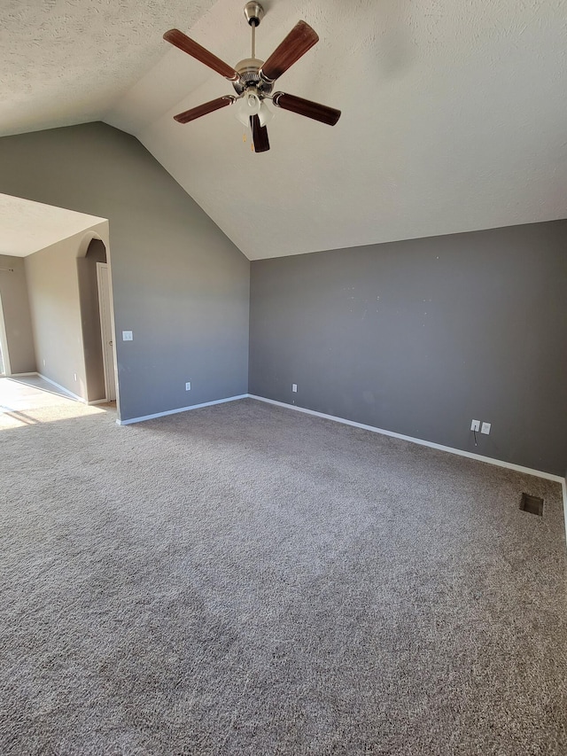 100 Hawthorn Ave, Rogersville, MO 65742 - empty room with ceiling fan, vaulted ceiling, carpet flooring, and a textured ceiling
