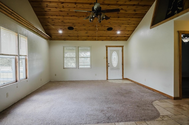 22783 Lawrence Unit 1210, Aurora, MO 65605 - foyer featuring wood ceiling, vaulted ceiling, ceiling fan, healthy amount of natural light, and light carpet