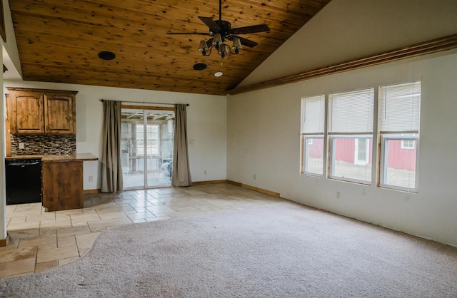 22783 Lawrence Unit 1210, Aurora, MO 65605 - unfurnished living room featuring wood ceiling, high vaulted ceiling, a ceiling fan, and light colored carpet