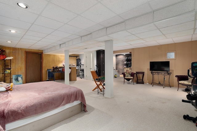 667 S Broadview Dr, Springfield, MO 65809 - carpeted bedroom with wooden walls, a paneled ceiling, and recessed lighting