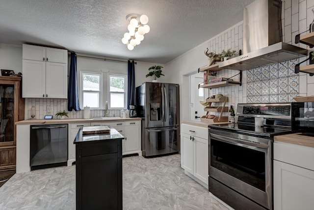 1508 S Moffet Ave, Joplin, MO 64804 - kitchen featuring refrigerator with ice dispenser, wall chimney exhaust hood, electric stove, dishwashing machine, and open shelves